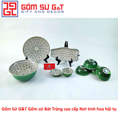 Bộ đồ ăn 4 người men xanh đồng vẽ hoa bèo Gốm Sứ G&T