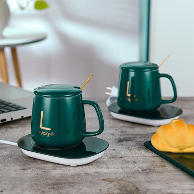 Ly hâm nóng giữ nhiệt ly sứ  ,đa năng ,kèm đế và thìa mạ vàng cao cấp có hộp đựng sang trọng