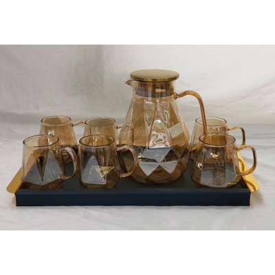 COMBO BỘ BÌNH CỐC THỦY TINH MÀU VÀNG GÔN CHỊU NHIỆT CAO CẤP VÂN KIM CƯƠNG KÈM KHAY ( KHAY XANH GIAO NGẪU NHIÊN )