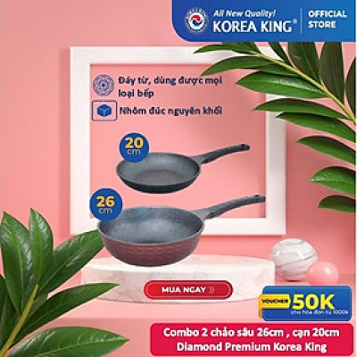 Combo 2 chảo sâu, cạn Diamond Premium Korea King(1 Chảo cạn 20cm và 1 chảo sâu 26cm)-Hàng chính hãng