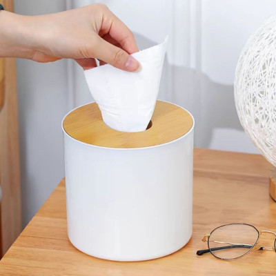 Hộp đựng khăn giấy phong cách Nhật Bản nắp gỗ basic hình trụ tròn