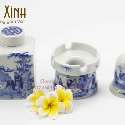 ấm chén Bát Tràng_Bộ ấm trà men Lam Cổ dáng Vại S1 kèm phụ kiện