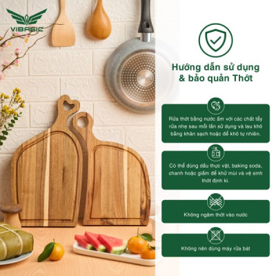 Bộ thớt Uyên Ương gỗ Teak kháng khuẩn không mùn dăm Vibasic 40x22x1.8cm và 34x22x1.8cm, cắt thái và trang trí món ăn