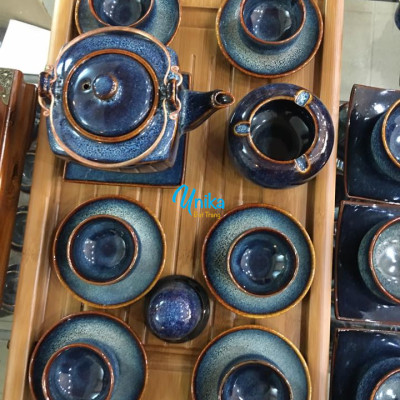 Bộ Ấm trà Vuông Men Xanh Hoả Biến ACTX5 Cao Cấp - Bộ ấm chén trà gốm sứ Bát Tràng