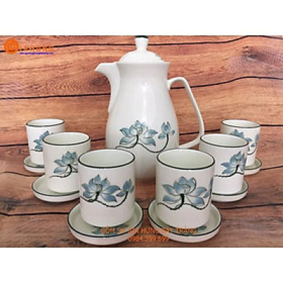 Bộ bình nước men kem vẽ sen xanh gốm Gia Hưng Bát Tràng