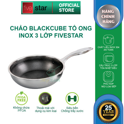 Bộ nồi chảo chống dính sâu lòng tổ ong 3 lớp đáy liền inox 304 Fivestar Plus quai oval nắp kính , tặng 1 sạn inox