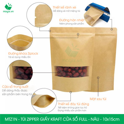 MTZ1N - 10x15cm - Combo 100 Túi Zipper giấy Kraft Nâu đáy đứng có cửa sổ
