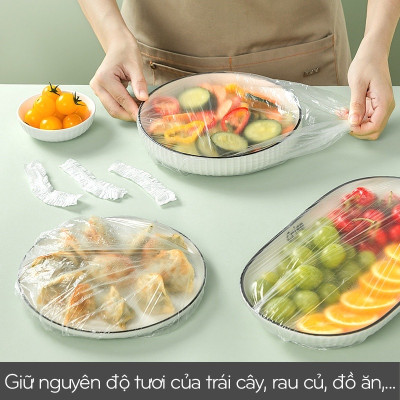 Com 2 túi 100 màng bọc thực phẩm bo chun co giãn thông minh , phù hợp mọi hình dạng ,giúp thực phẩm luôn tươi mới  tiện lợi tiết kiệm an toàn 