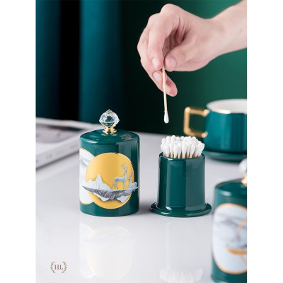 Lọ Đựng Tăm Xanh Sứ Hoa Văn Hươu Cao Cấp Vàng Kim 2022 | Hũ sứ có nắp đậy đính đá size To