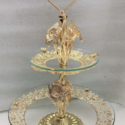 KHAY ĐỰNG BÁNH KẸO HOA QUẢ 2 TẦNG THỦY TINH KHUNG KIM LOẠI THÁP