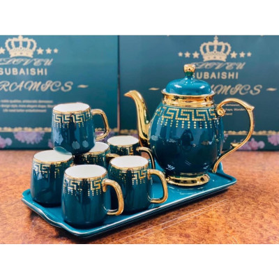 BỘ ẤM CHÉN KÈM KHAY SỨ CAO CẤP PHA TRÀ CÀ PHÊ XANH HỌA TIẾT MẮT XÍCH