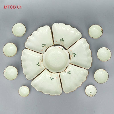 Bộ bát đĩa hoa mặt trời 15 món, men kem. Gốm sứ Bát Tràng.