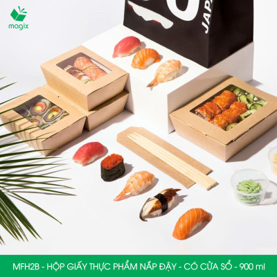 MFH2B - 900ml - 100 hộp giấy kraft đựng thực phẩm, hộp giấy đựng thức ăn có cửa sổ, hộp đựng cơm