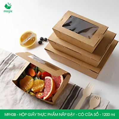 MFH3B - 1200ml - 100 hộp giấy kraft đựng thực phẩm, hộp giấy đựng thức ăn có cửa sổ, hộp đựng cơm