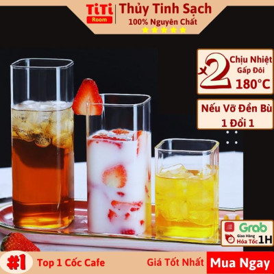 Ly thủy tinh vuông trong suốt uống nước cute chịu nhiệt  pha cafe sinh tố, Cốc thủy tinh vuông dễ thương cocktail