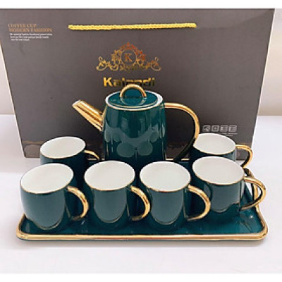 Bộ ấm chén kèm khay sứ xương cao cấp màu xanh 