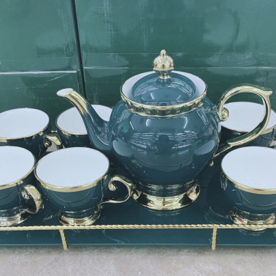 BỘ ẤM CHÉN  PHA TRÀ SỨ TEA SET KÈM KHAY MÀU XANH CỔ VỊT KHUNG KIM LOẠI MẠ VÀNG PHONG CÁCH ÂU SANG TRỌNG - ANTH434