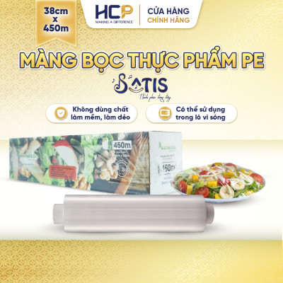 Hộp Màng Bọc Thực Phẩm PE SATIS 38cm x 450m Không Chứa Chất Phụ Gia Gây Hại Sức Khỏe Dùng Được Cho Lò Vi Sóng