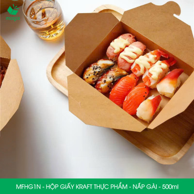 MFHG1N - 100 hộp giấy kraft thực phẩm 500ml, hộp giấy nắp gập màu nâu đựng thức ăn, hộp giấy nắp gài gói đồ ăn mang đi 