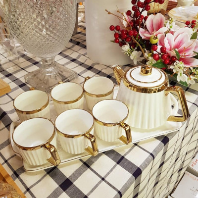 BỘ ẤM CHÉN KÈM KHAY  SỨ PHA TRÀ DÁNG THẤP VÂN SỌC - ANTH678