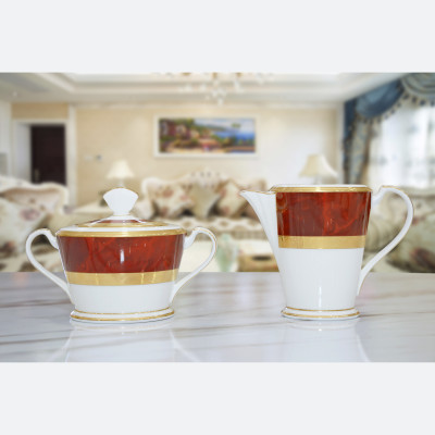 Bộ trà sứ xương cao cấp NORITAKE HEMINGWAY 4733 màu đỏ, mạ vàng - Xuất xứ Nhật Bản - Hàng chính hãng 