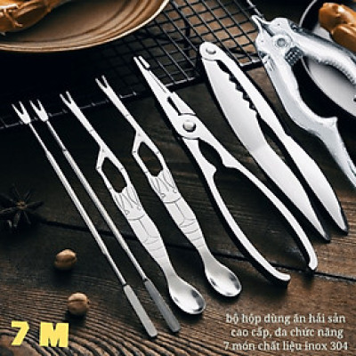HÀNG CAO CẤP Bộ hộp 7 Dụng Cụ Ăn Cua Ghẹ Sò Ngao Tôm Hùm Hải Sản Đa Chức Năng inox 304 