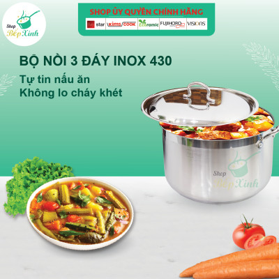 Bộ xửng hấp 3 đáy từ inox 430 Fivestar standard nắp inox 32cm ( tặng 2 muỗng canh )