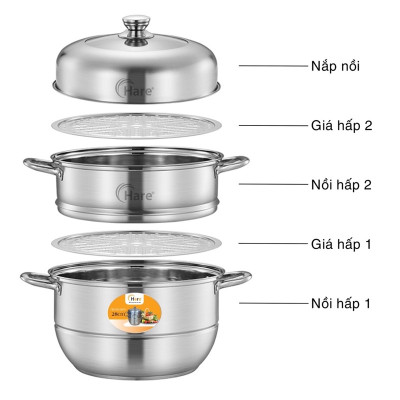 Bộ nồi hấp inox cao cấp đáy từ 3 tầng vung kính - thương hiệu Hare -  lỗi 1 đổi 1