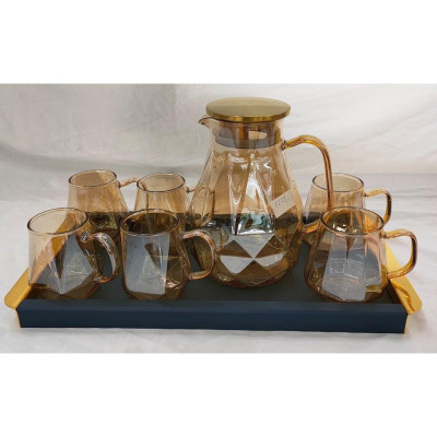 COMBO BỘ BÌNH CỐC THỦY TINH MÀU VÀNG GÔN CHỊU NHIỆT CAO CẤP VÂN KIM CƯƠNG KÈM KHAY ( KHAY XANH GIAO NGẪU NHIÊN )