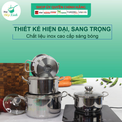 Bộ Nồi Và Chảo Chống Dính Inox 430 Bếp Từ 3 Đáy 5 Món Nắp Kính Fivestar