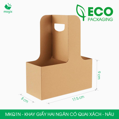 MKQ1N - 17.5x8x9 cm - Combo 60 Khay giấy 2 ngăn quai xách màu nâu siêu chắc, hộp giấy 2 ngăn chống thấm đựng ly nước, hoa và quà tặng