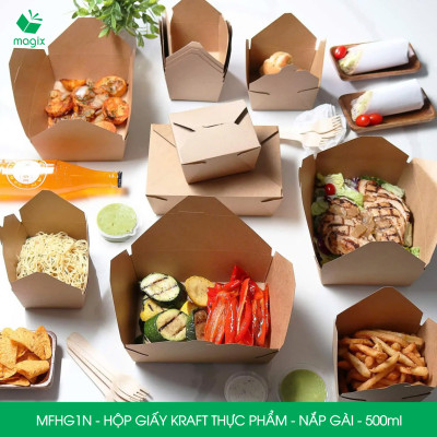 MFHG1N - 50 hộp giấy kraft thực phẩm 500ml, hộp giấy nắp gập màu nâu đựng thức ăn, hộp giấy nắp gài gói đồ ăn mang đi 