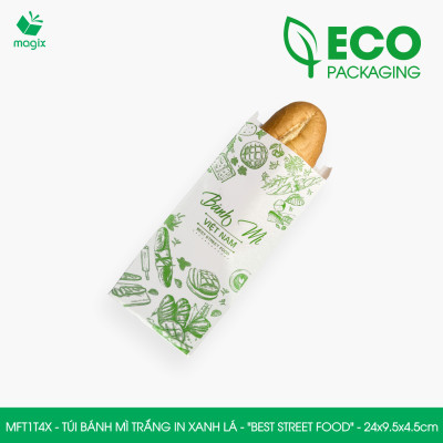 MFT1T4X - 24x9.5x4.5 cm - 500 Túi bánh mì Trắng, in sẵn họa tiết BEST STREET FOOD - Bao bánh mì Túi giấy thực phẩm an toàn