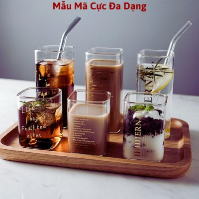 Ly thủy tinh vuông trong suốt uống nước cute chịu nhiệt  pha cafe sinh tố, Cốc thủy tinh vuông dễ thương cocktail