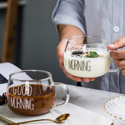Cốc thủy tinh chịu nhiệt có quai cầm Good Moring - Cốc uống nước, ăn sáng ngũ cốc, uống trà,...