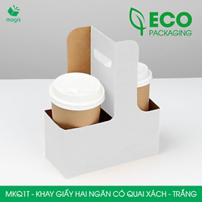 MKQ1T - 17.5x8x9 cm - Combo 60 Khay giấy 2 ngăn quai xách màu trắng siêu chắc, hộp giấy 2 ngăn chống thấm đựng ly nước, hoa và quà tặng