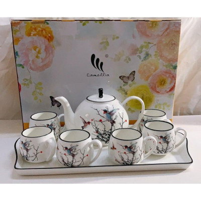 BỘ ẤM CHÉN PHA TRÀ KÈM KHAY SỨ HOA TIẾT HOA ( GIAO NGẪU NHIÊN )