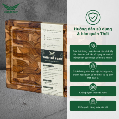 Thớt gỗ Teak Vibasic ghép dựng block, kích thước 300x200x25mm có lỗ treo - Hàng chính hãng Bộ Quốc Phòng