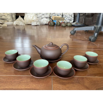 Ấm trà tử sa bát Tràng Tống mầu nâu gụ chỉ đỏ lòng xanh