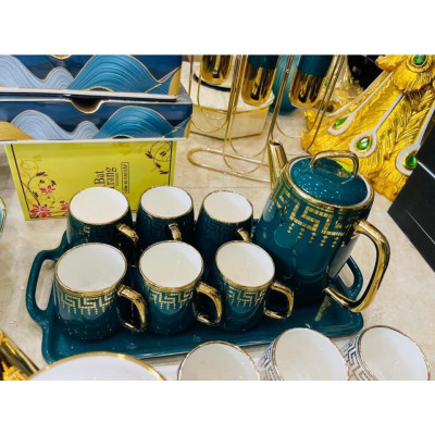 BỘ ẤM CHÉN KÈM KHAY SỨ CAO CẤP PHA TRÀ CÀ PHÊ XANH HỌA TIẾT MẮT XÍCH