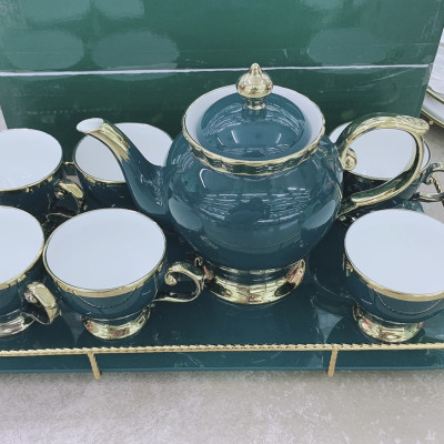 BỘ ẤM CHÉN  PHA TRÀ SỨ TEA SET KÈM KHAY MÀU XANH CỔ VỊT KHUNG KIM LOẠI MẠ VÀNG PHONG CÁCH ÂU SANG TRỌNG - ANTH434