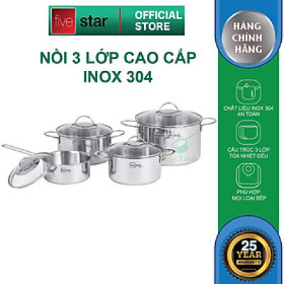 Bộ nồi 3 lớp đáy liền inox 304 Plus quai oval nắp kính