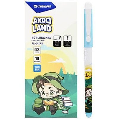 Hộp 10 Bút Lông Kim 0.3 mm - Nhân Vật Akooland Tahi - Thiên Long FL-04/AK - Mực Xanh