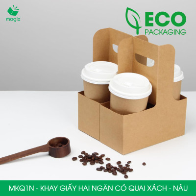 MKQ1N - 17.5x8x9 cm - Combo 60 Khay giấy 2 ngăn quai xách màu nâu siêu chắc, hộp giấy 2 ngăn chống thấm đựng ly nước, hoa và quà tặng