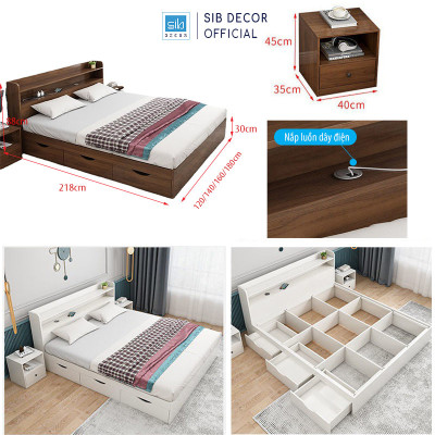 Giường Ngủ Gỗ Công Nghiệp 3 Ngăn Kéo SIB Decor Màu Trắng GN12