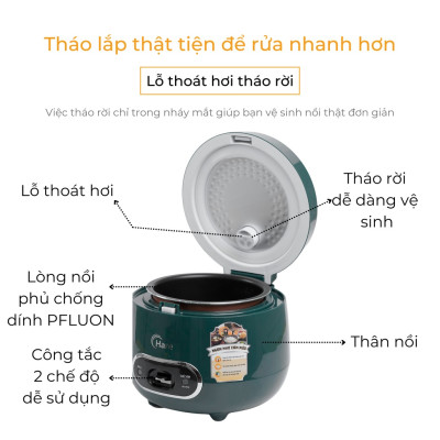 Nồi cơm điện Hare HR-ER806 (0.8L) chống dính PFLUON -hàng chính hãng thương hiệu Hare - Bảo hành 12 tháng