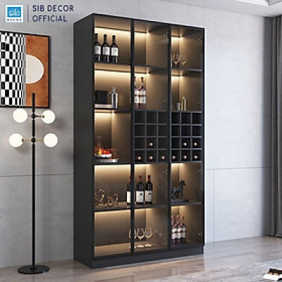 Tủ Gỗ Để Vang Trưng Bày Phối Cánh Kính Dài 120cm, Kèm Đèn LED Hiện Đại Thương Hiệu SIB Decor TR06