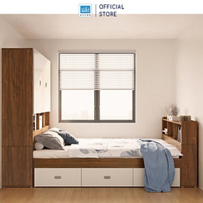 Giường Ngủ Liền Tủ Quần Áo Tích Hợp Kệ Đầu Giường Thông Minh Màu Walnut Phối Trắng SIB Decor GN03