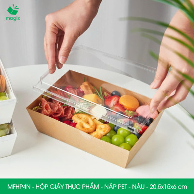 MFHP4N - 20.5x15x6 cm -100 hộp giấy kraft thực phẩm màu nâu nắp Pet, hộp giấy chữ nhật đựng thức ăn, hộp bánh nắp trong
