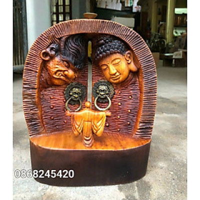 Tượng cánh cửa thiện ác bằng gỗ hương đá sơn pu giả cổ kt 24×25×7cm 